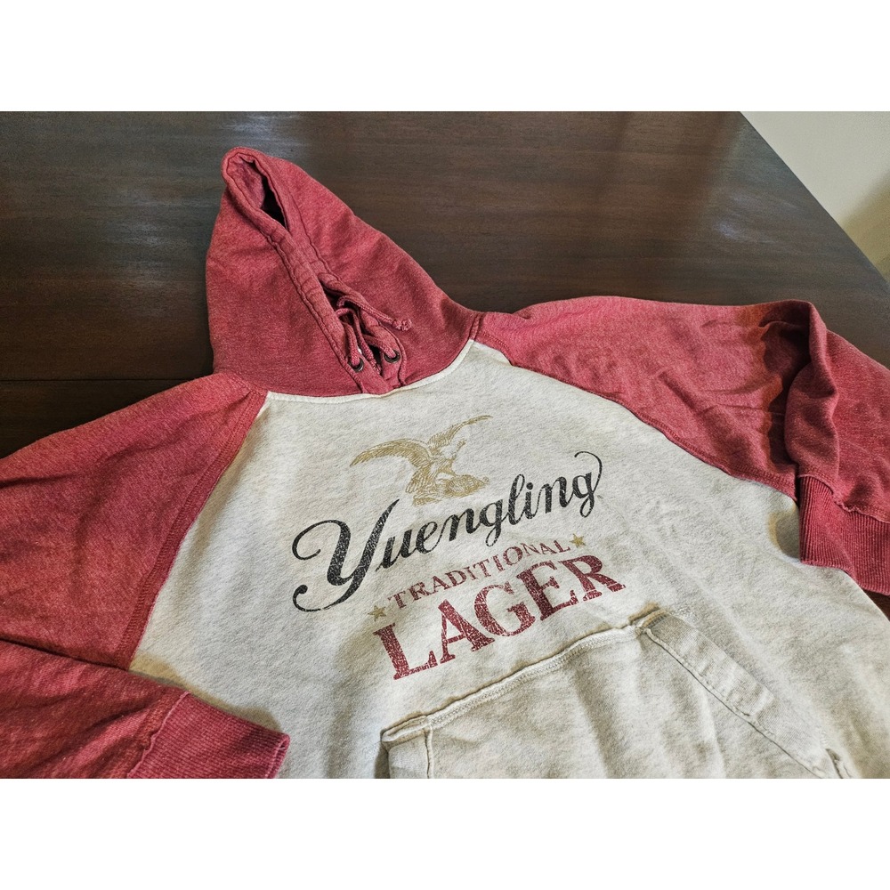 J. America Yuengling Lager Hoodie Mens Small Gray Red Raglan Pullover Sweatshirt